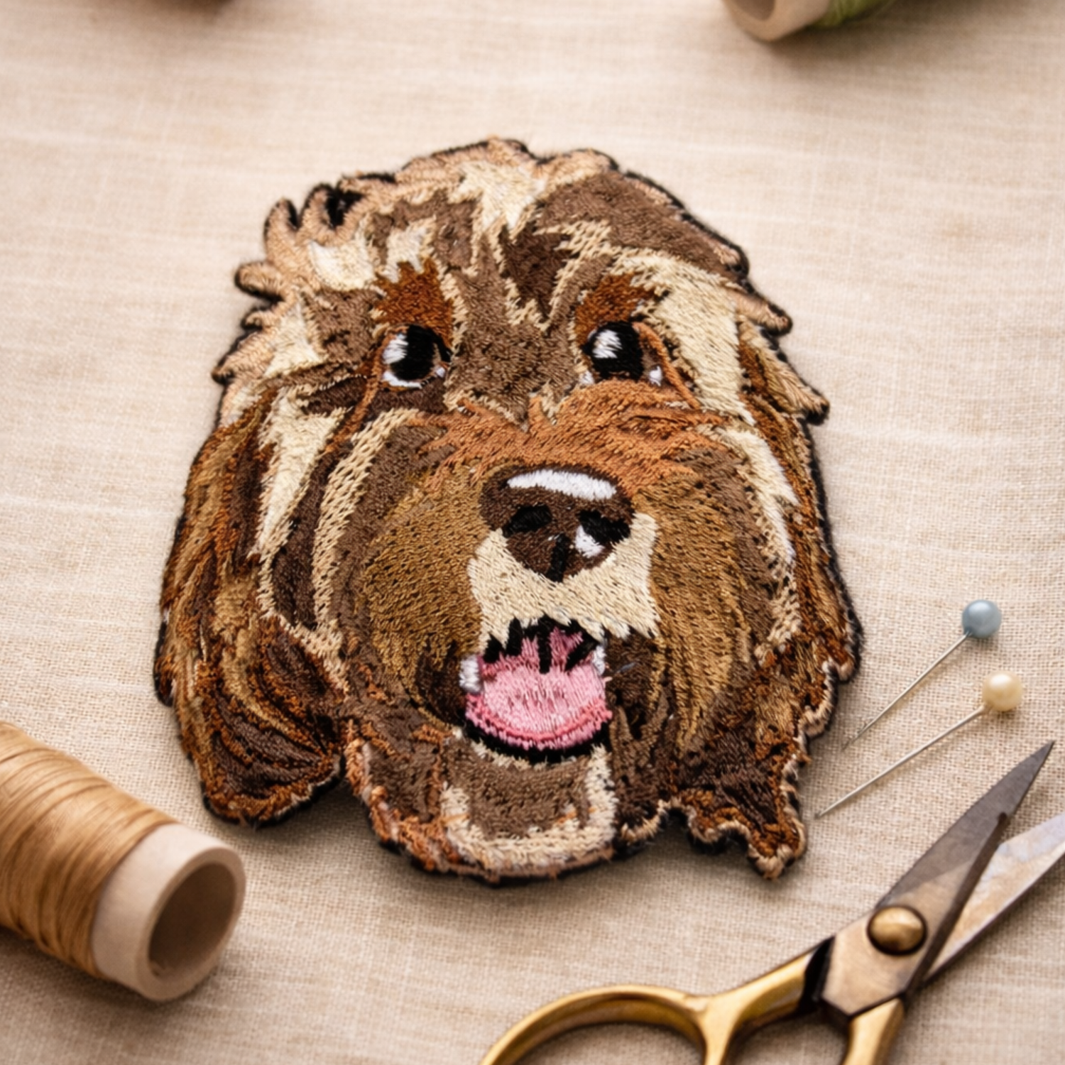 A dog embroidered patch on a natural background 