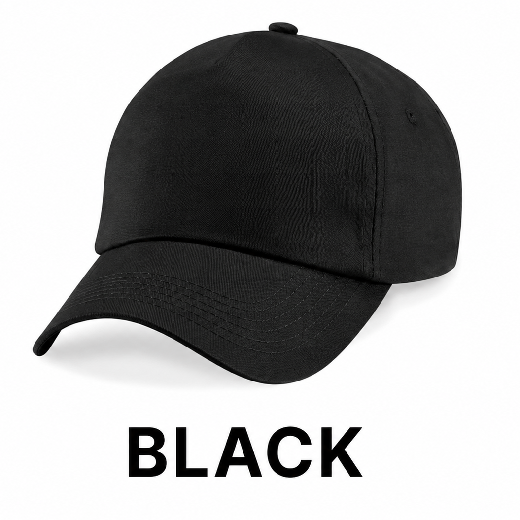 A black baseball cap shown from a three-quarters angle on a white background, with the word 'BLACK' printed below it.