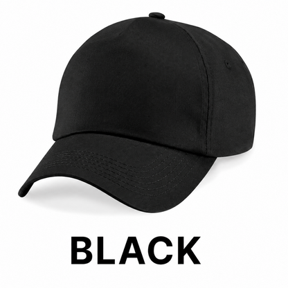 A black baseball cap shown from a three-quarters angle on a white background, with the word 'BLACK' printed below it.