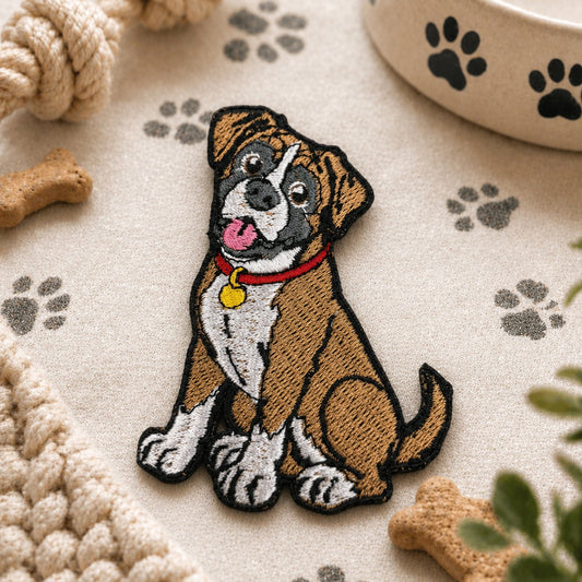 Embroidered patch of a dog with a red collar on a surface with pet-related items.