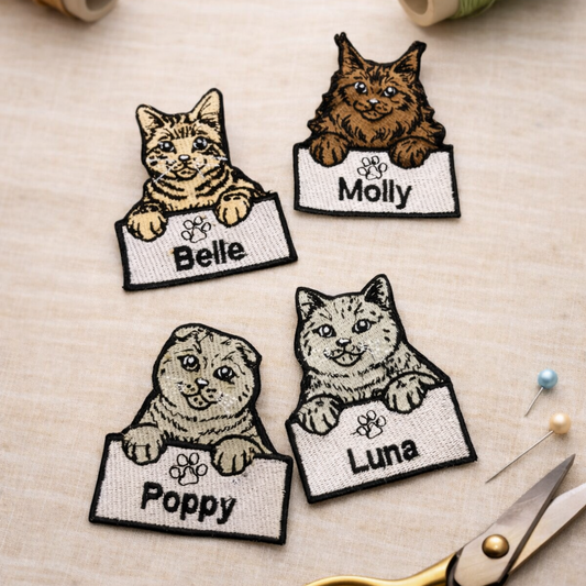 Four embroidered cat patches with names on a fabric background with scissors and thread.