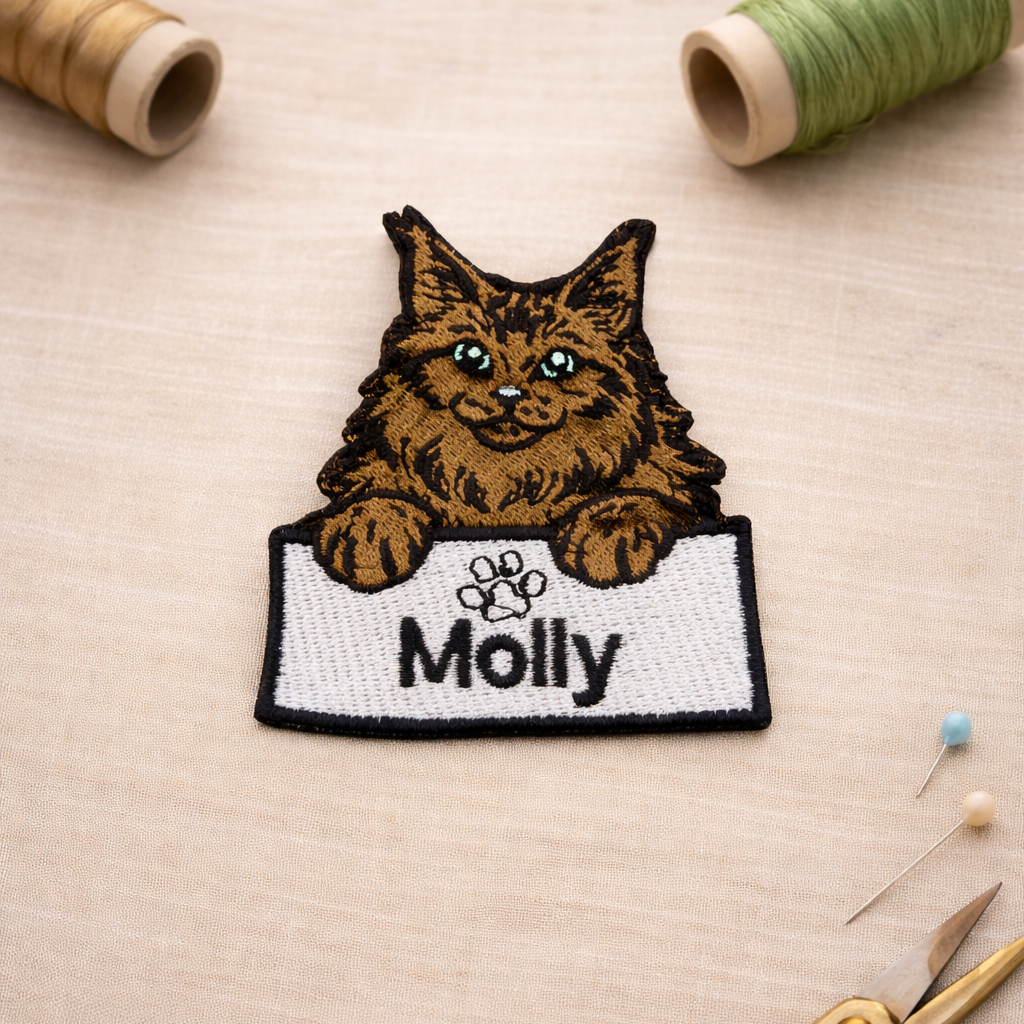 Embroidered patch of a cat named Molly on a wooden surface with sewing tools.