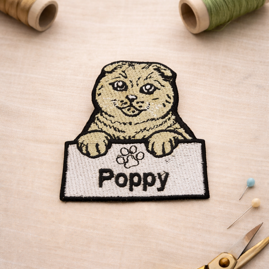 Embroidered patch of a cat named 'Poppy' with sewing tools on a beige background