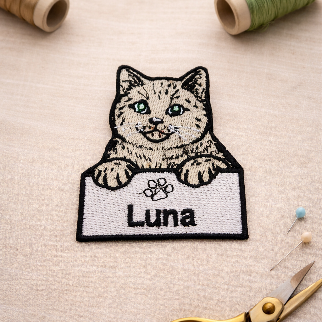 Embroidered patch of a cat named 'Luna' with scissors and thread on a beige background