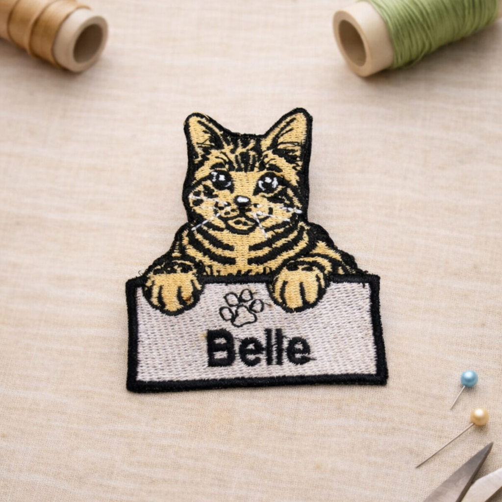 Embroidered patch of a cat named 'Belle' with scissors and thread on a beige background