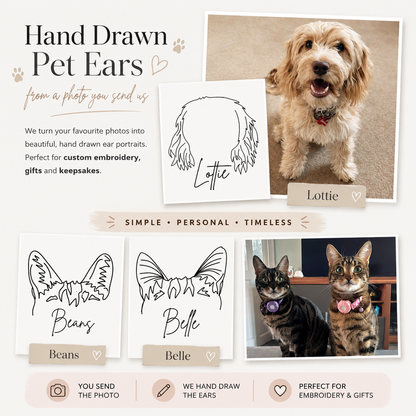 Promotional graphic for custom hand-drawn pet ear portraits. The design shows a dog photo labeled 'Lottie', two sample white card designs with black line art of pet ears and names 'Lottie', 'Beans', and 'Belle', and two real pet photos at the bottom.
