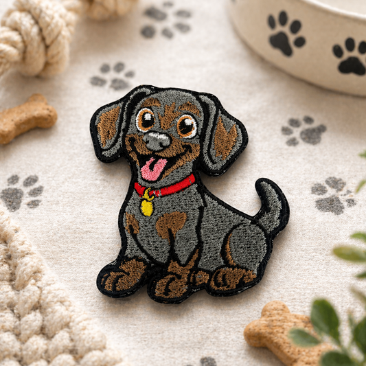 Embroidered patch of a dachshund dog on a textured surface with pet-related items.