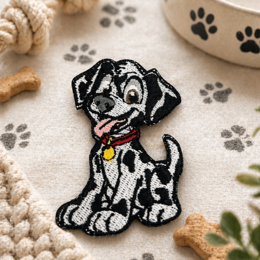 Embroidered patch of a dalmatian dog on a surface with pet toys and treats.