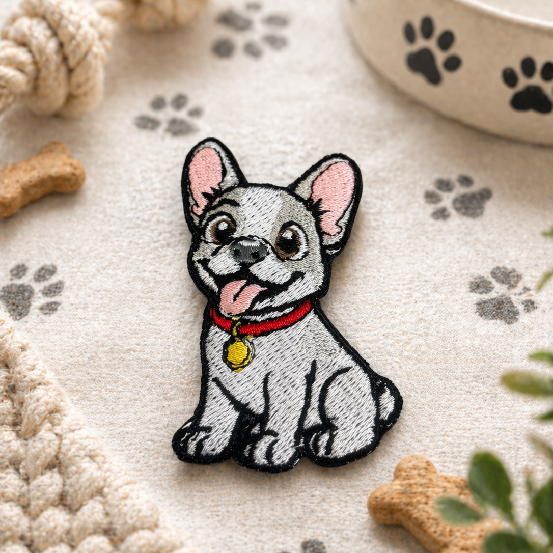 Embroidered patch of a dog on a textured surface with pet-related items.
