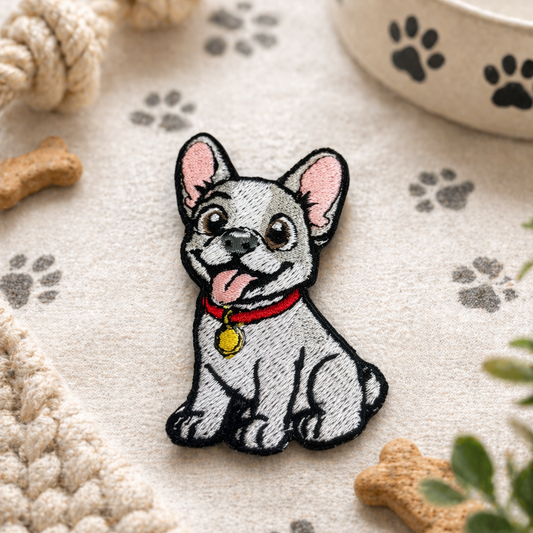 Embroidered patch of a dog on a textured surface with pet-related items.