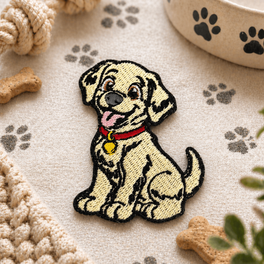 Embroidered patch of a dog on a surface with pet toys and treats.