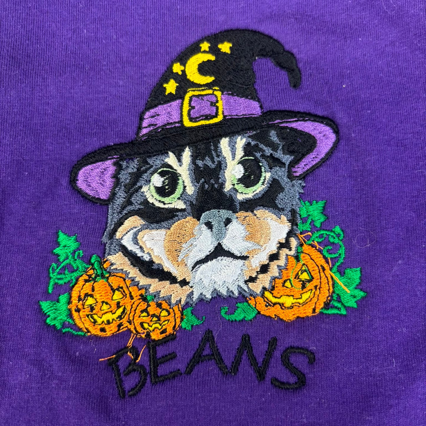 A close-up of a purple garment featuring a colorful embroidered design of a cat wearing a witch hat with jack-o'-lanterns and the word 'BEANS' below.