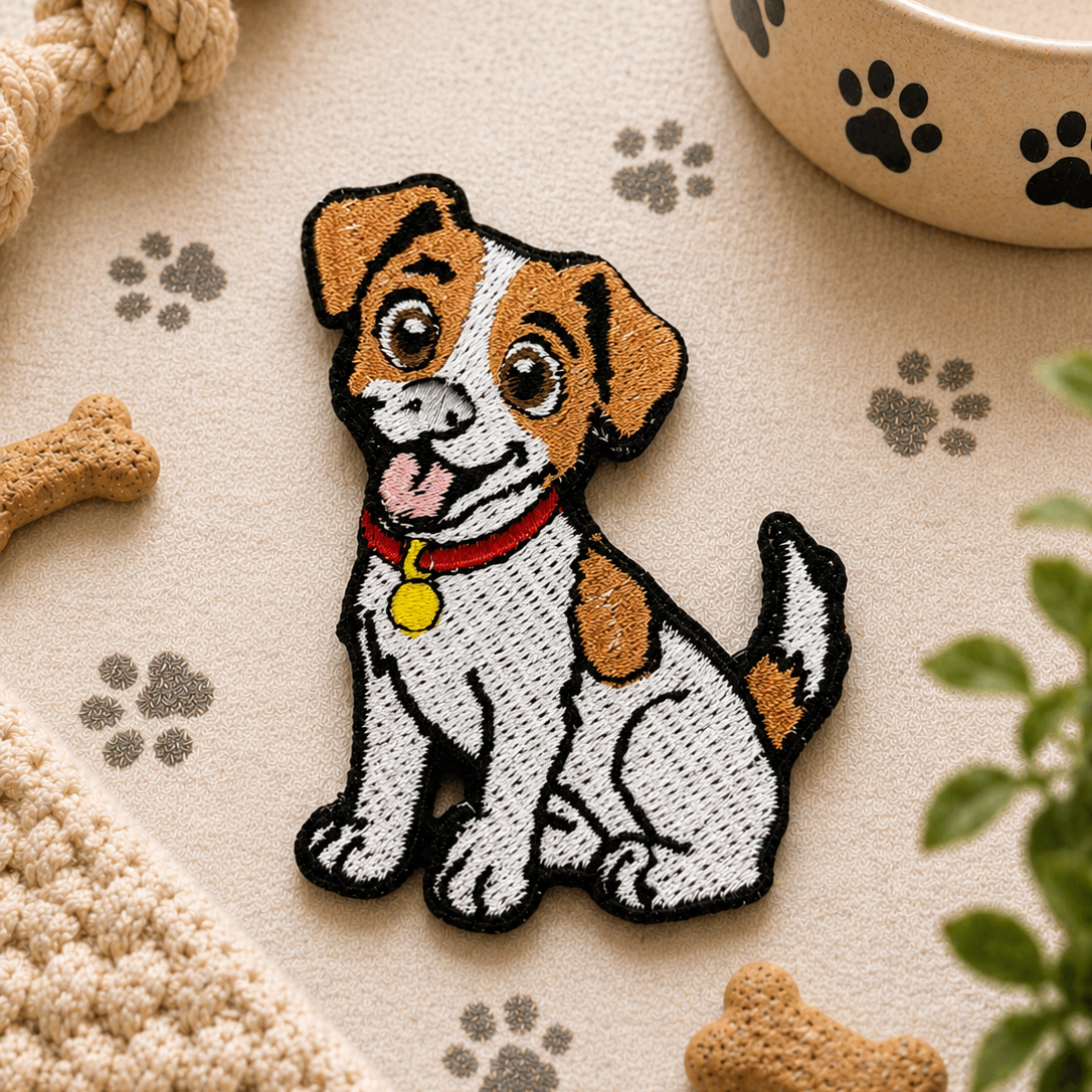 Dog-themed patch on a surface with pet accessories