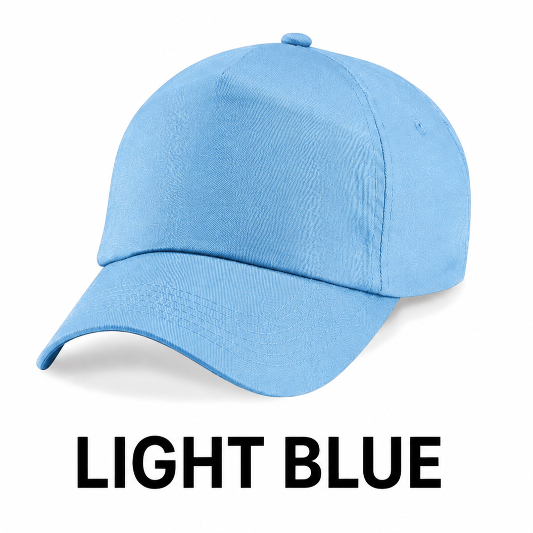 A light blue baseball cap shown on a white background with the text 'LIGHT BLUE' underneath.