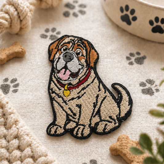 Embroidered patch of a dog on a surface with pet-related items like a bone, rope, and bowl.