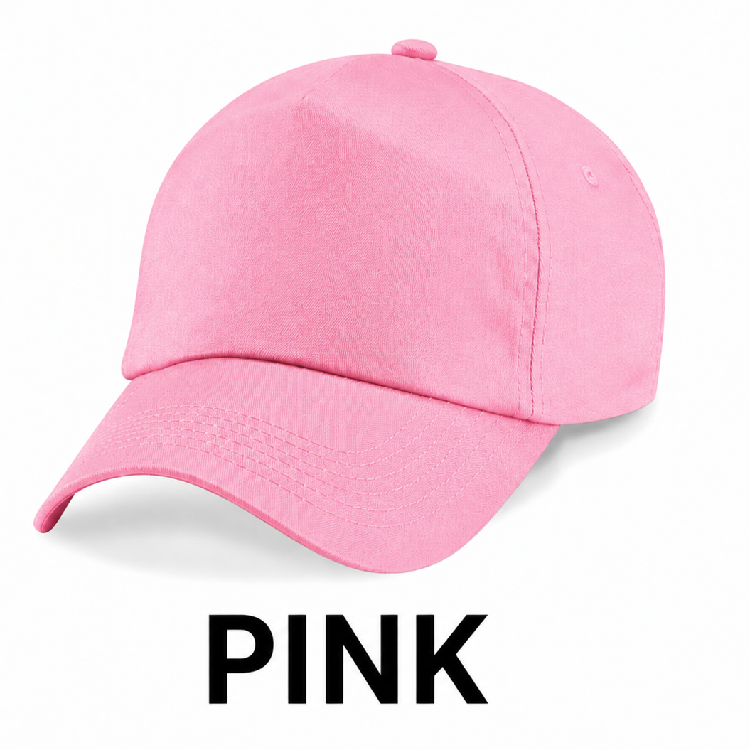 A pink baseball cap shown on a plain white background with the word 'PINK' printed below it.