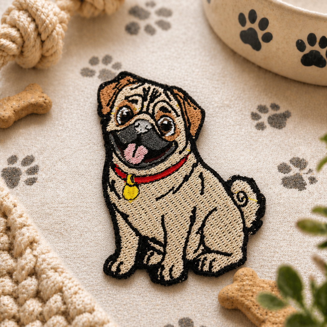 Embroidered patch of a pug dog on a surface with pet-related items like a rope, bowl, and bones.