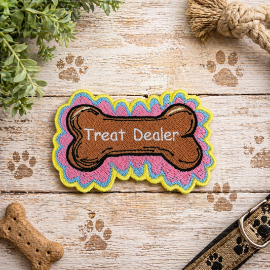 Embroidered patch with 'Treat Dealer' text on a wooden surface with dog treats and a leash.