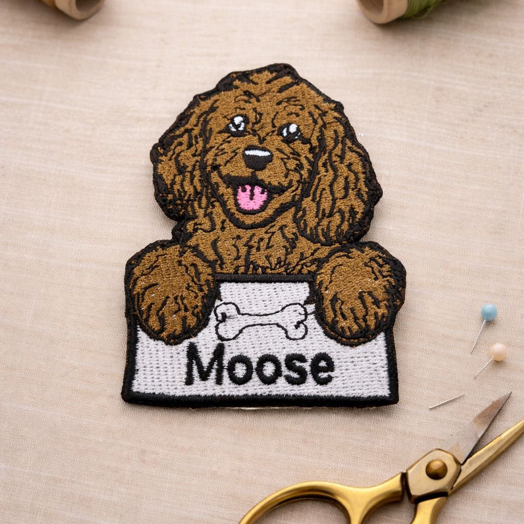Embroidered patch of a dog named 'Moose' with sewing materials on a beige background