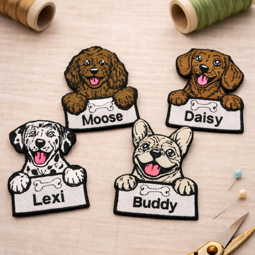 Four dog-shaped patches with names on a wooden surface with scissors and thread.
