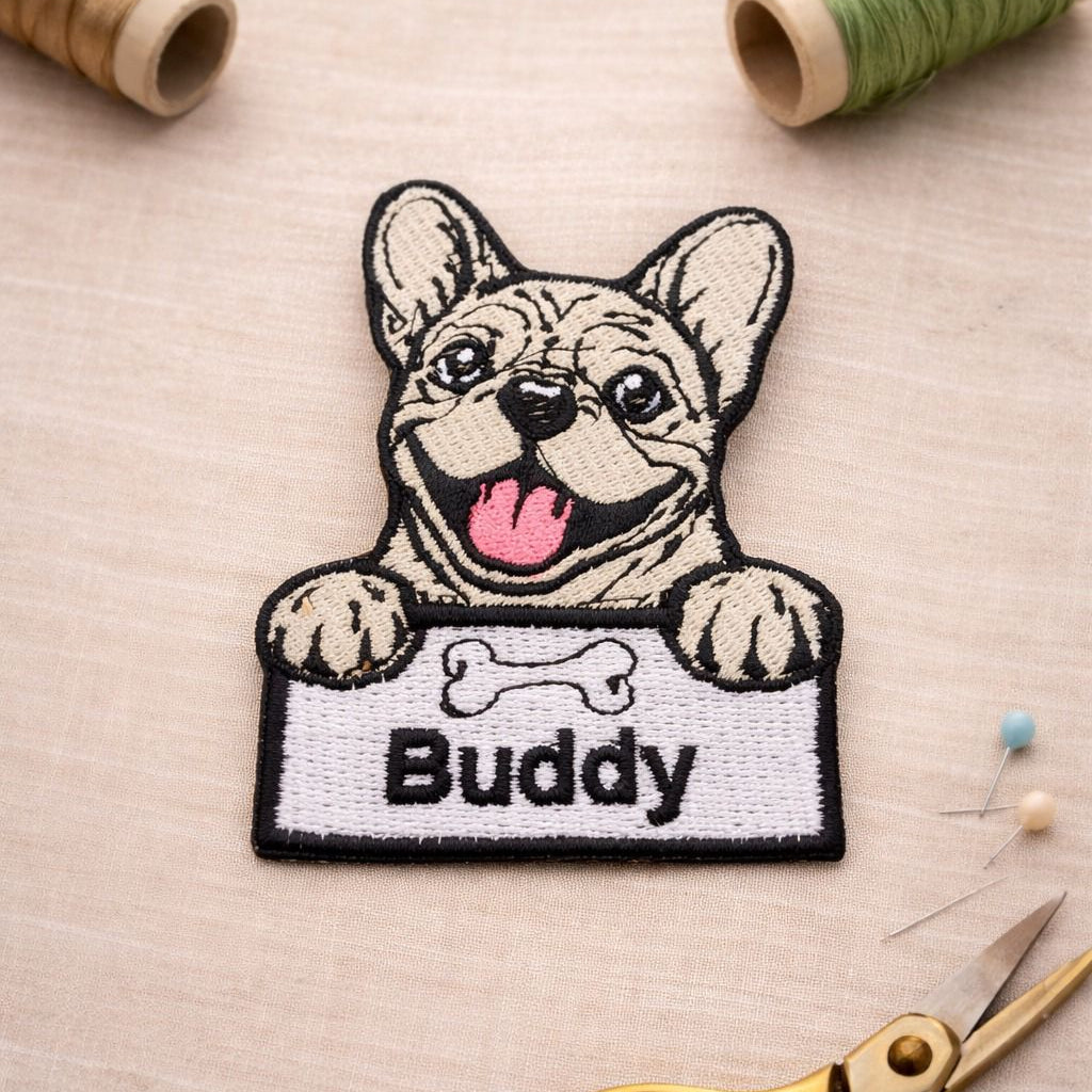 Embroidered patch of a dog with 'Buddy' text on a fabric background with sewing tools.