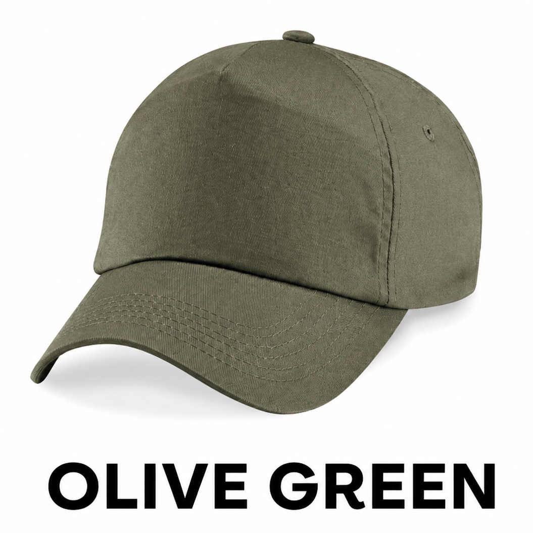 An olive green baseball cap shown on a plain white background with the text 'OLIVE GREEN' below it.
