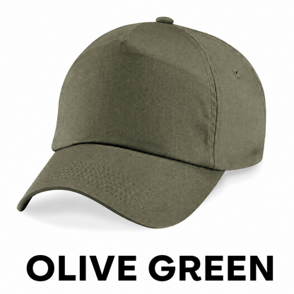 An olive green baseball cap shown on a plain white background with the text 'OLIVE GREEN' below it.
