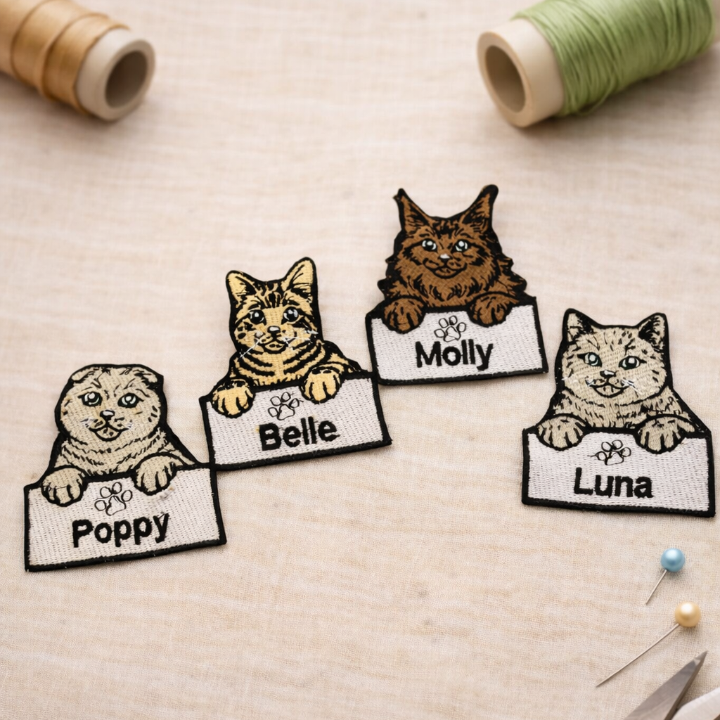 Cat-themed patches with names on a wooden surface with sewing tools.